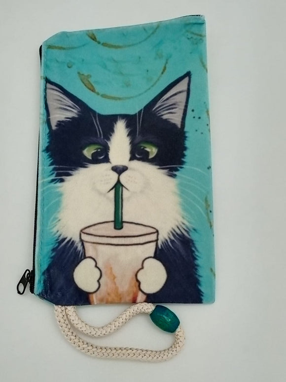 Cat Coffee Shop Sipping Art Bag Mask & Cosmetic Bag by Inspired Vintage