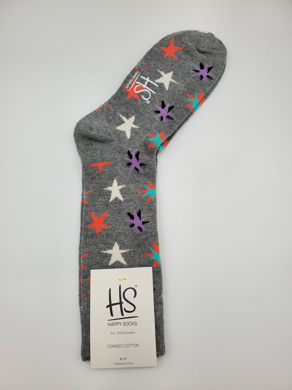 Happy Socks Grey Color With Colorful Stars Shaped Pattern Women Socks