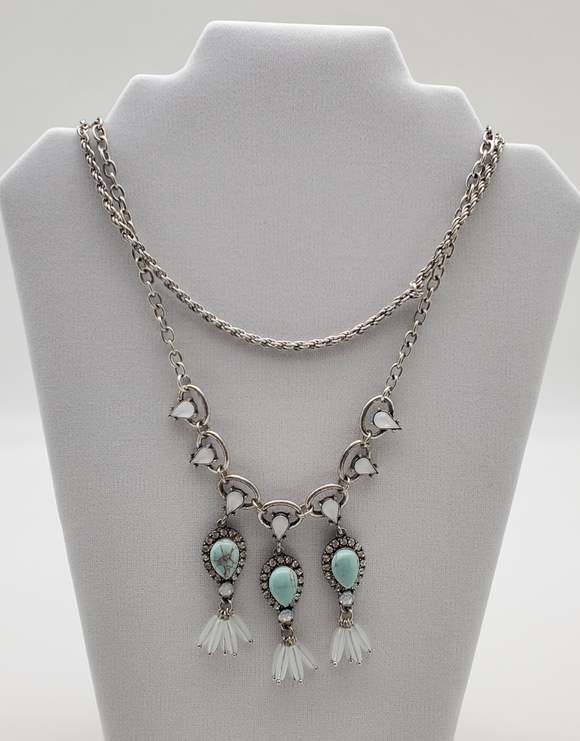 Silver Color Chain Steel Necklace Featuring Turquoise Color Stones With Earrings