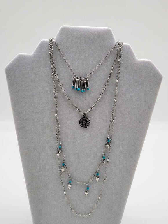 Silver Color Steel With Turquoise Color Beads 4 Piece Necklace