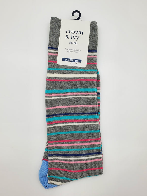 Crown & Ivy Grey Color with Colorful Stripes Design Extended Size 12-16 Socks