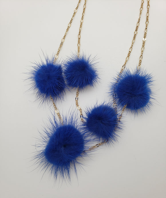 Blue Pom Pom Fur Necklace with Double Gold Color Thin chain