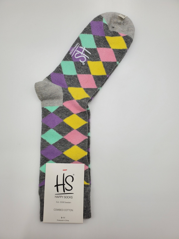 Happy Socks Women's Grey With Colorful Diamond Shapes Combed Cotton Socks