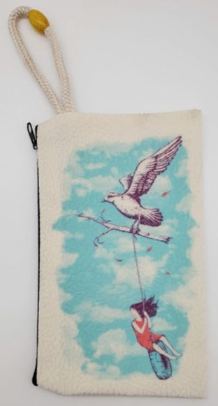 A Bird Tire on a Rope Girl Velveteen On Canvas Zipper Art Bag