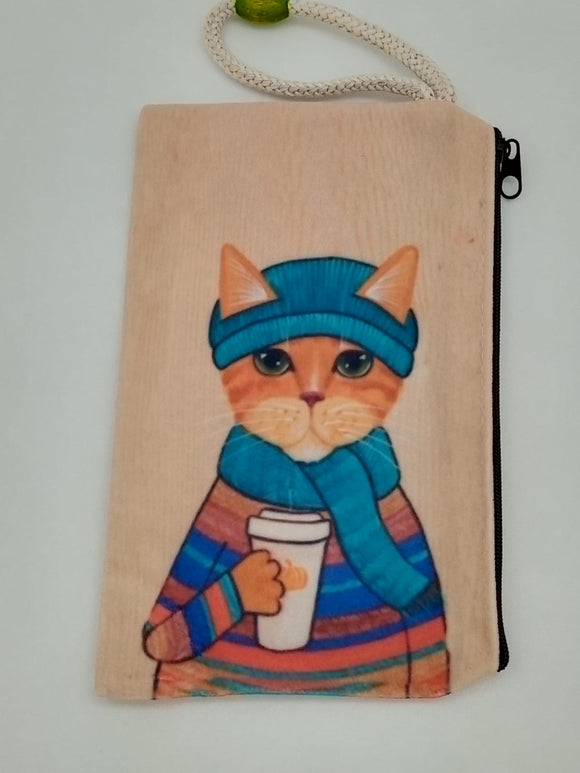 Warm Latte Cat Art Bag Velveteen Mask & Cosmetic Bag By Inspired Vintage
