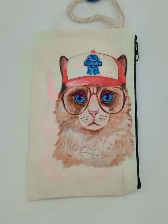 Blue Collar Cap Cat Art Bag Velveteen Mask & Cosmetic Bag By Inspired Vintage