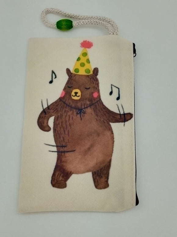 Party Animal Bear Art Bag Velveteen Mask & Cosmetic Bag By Inspired Vintage